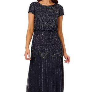 NWT Adrianna Papell Beaded Short-Sleeve Sheer Overlay Gown – Size 12
